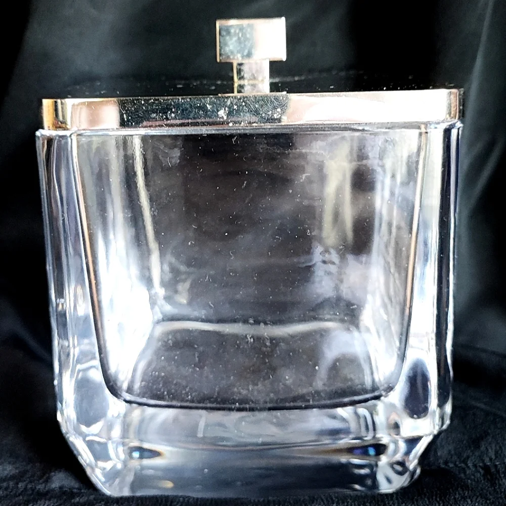 Heavy Glass Reproduction Apothecary Bath Jar Chrome Square Lid Metallic Writing